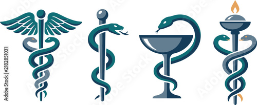 Bild auf Leinwand Traditional medical symbols set featuring caduceus rod of asclepius bowl of hygi