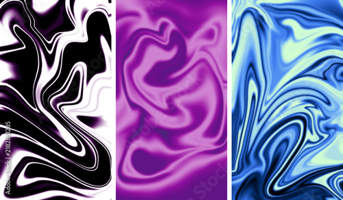 Set of vertical abstract liquid swirl dynamic marble wave texture background banners in purple blue and monochrome tones