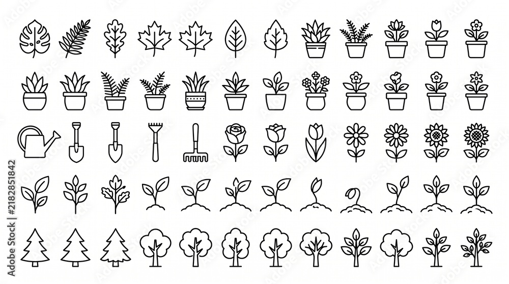 Obraz premium Gardening plant icons with leaves flowers tools potted trees vector illustration design.