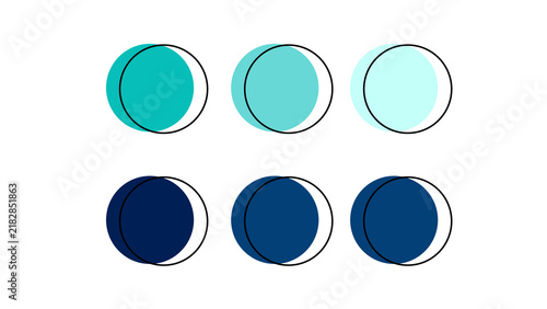 Two rows of three circles each presenting a progression of teal and blue tones with offset shadows drop shadow graphic design graphic resources gradient geometric minimalist background