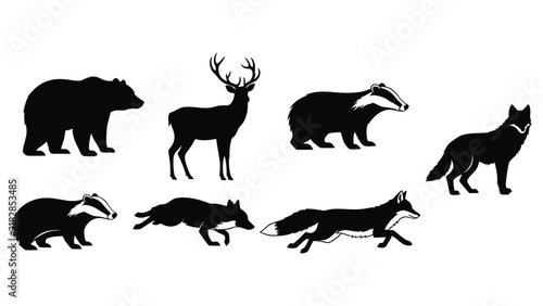 Silhouettes of various forest animals depict a wildlife scene against a white background