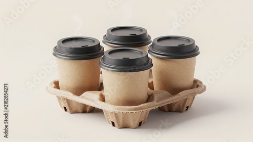 Four disposable coffee cups with black lids in a cardboard carrier holder on a light background