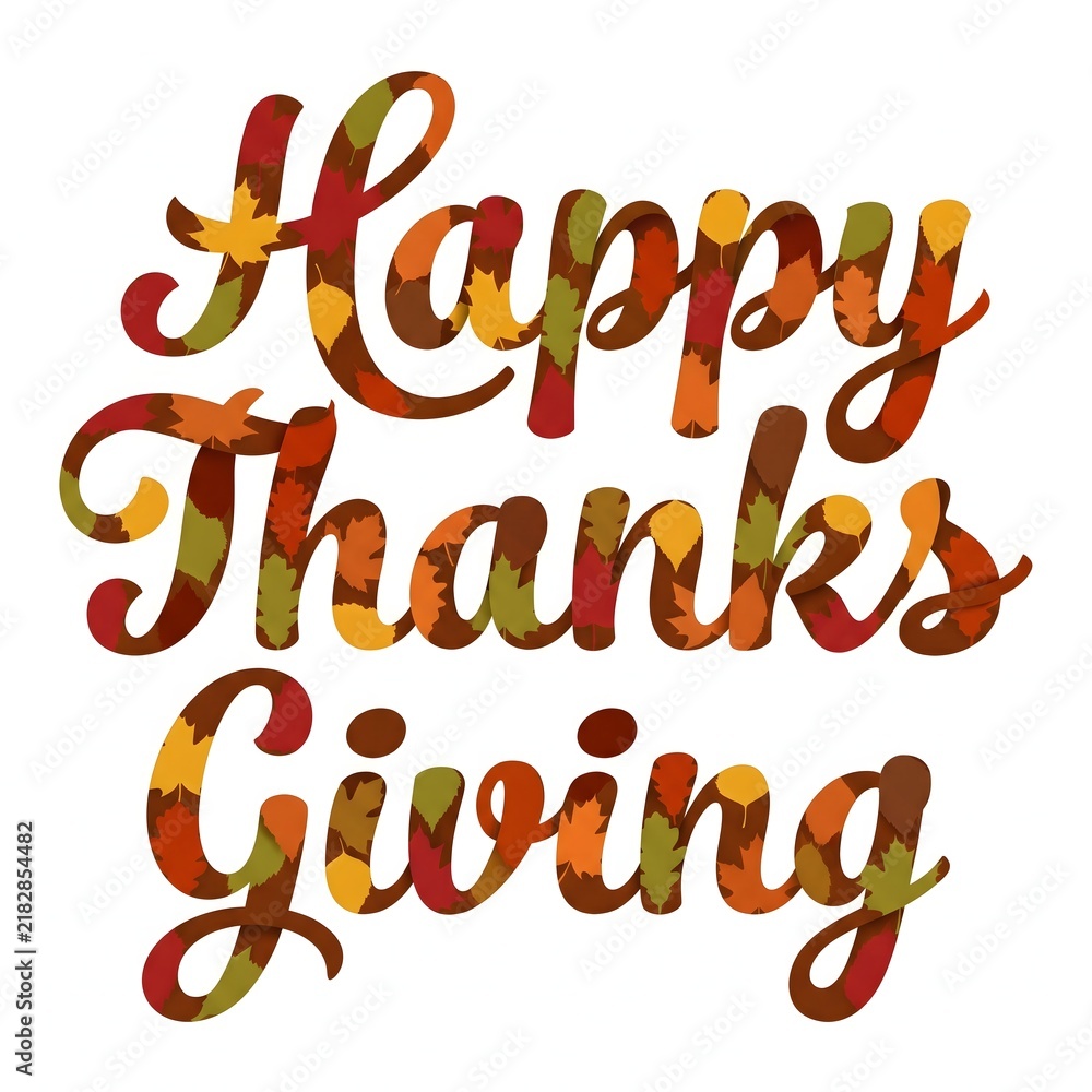 Fototapeta premium Happy thanksgiving typography with letters filled with a colorful autumn leaf pattern isolated on a white background, for seasonal greeting