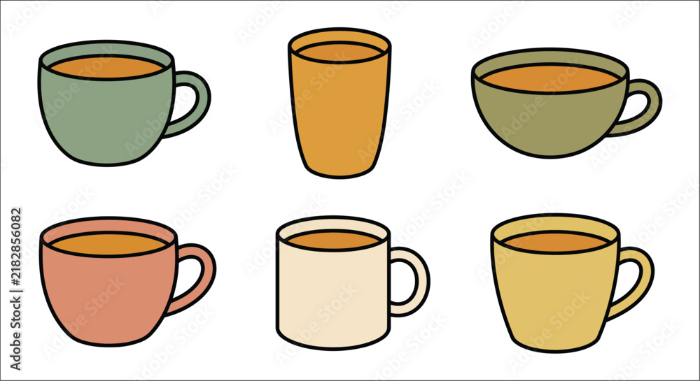 Obraz premium Six colorful teacups are arranged in a flat vector illustration with a white background cups