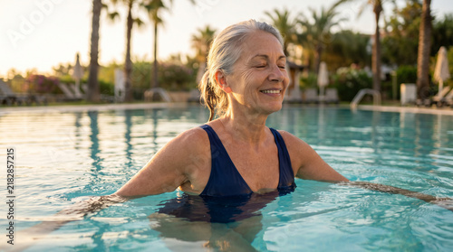Serene Senior Woman Relaxing in Resort Pool with Palm Trees at Sunset