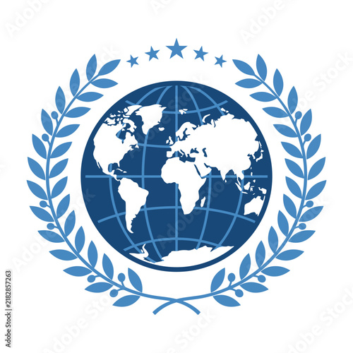 Global Earth Globe Emblem Encased Within A Formal Laurel Wreath Design