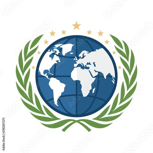 Global Earth Globe Emblem Featuring Laurel Wreath and Decorative Gold Stars