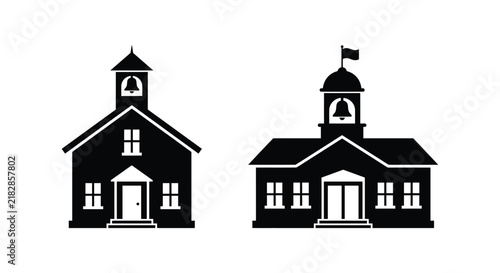 Foto Two schoolhouse silhouettes depict classic architectural styles with detailed ro