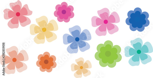Colorful Flower Set, Simple Flat Floral Icon Collection in Pink Purple Orange Green and Blue, Cute Spring Blossom Vector Illustration for Kids and Nature Design, EPS