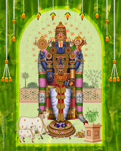 Canvastavla Lord Tirupati Balaji Venkateswara Standing with Cow and Calf on Green Background