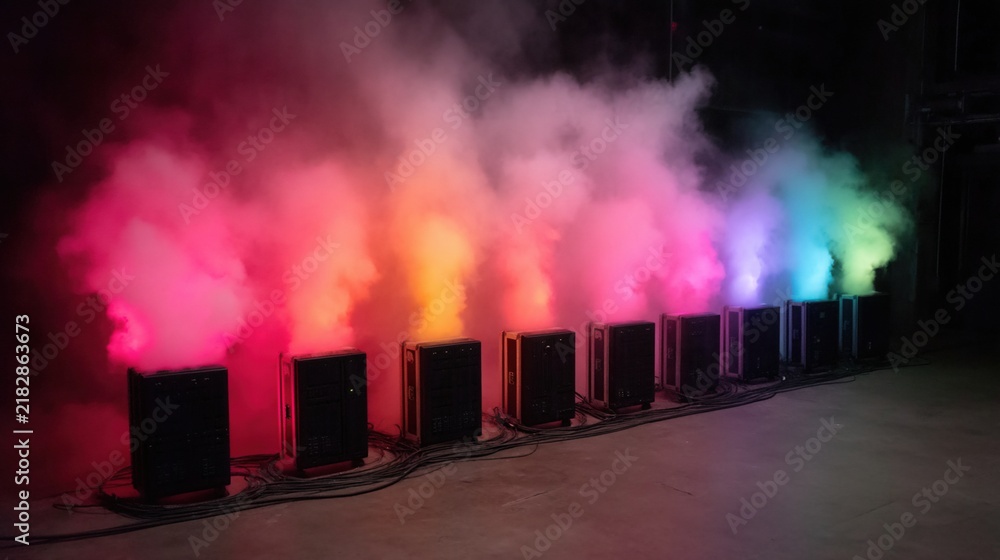 Obraz premium Colorful smoke emits from a row of black machines, creating a vibrant rainbow gradient effect in a dark indoor setting.