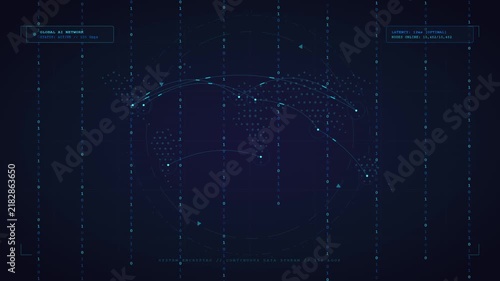 Global AI Network Digital World Map with Binary Code and Data Stream Interface for Cybersecurity and Fintech Technology