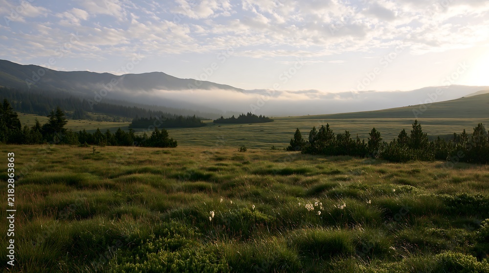 Obraz premium Dewy meadow landscape with misty mountains in the background