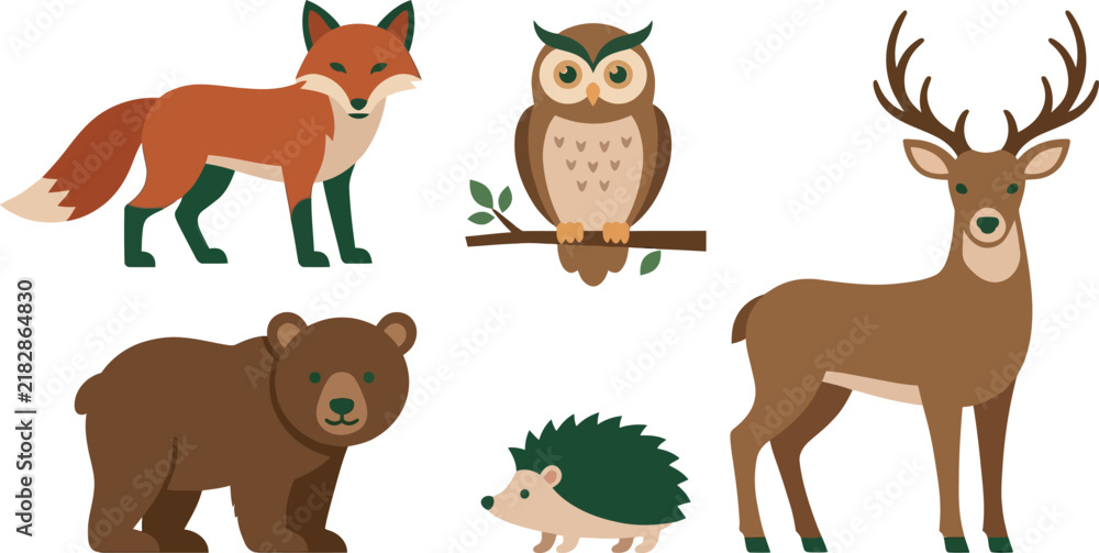 Obraz premium Cute Woodland Animals Vector Collection Featuring Fox, Owl, Deer, Bear, and Hedgehog Illustrations for Children Storybooks, Nursery Decor, and Creative Graphic Designs