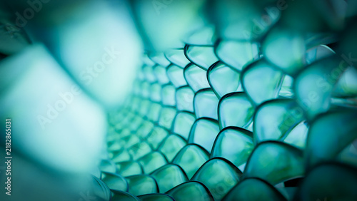 3D Abstract Emerald Green Glass Scales Background with Organic Cell Pattern and Soft Depth Bokeh for Modern Biotech Presentation, Cyber Cover, Banner, and Wallpaper