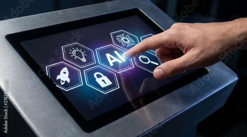 AI Interface Interaction: A human finger touches an interactive screen displaying AI icons and text, symbolizing artificial intelligence and its applications.