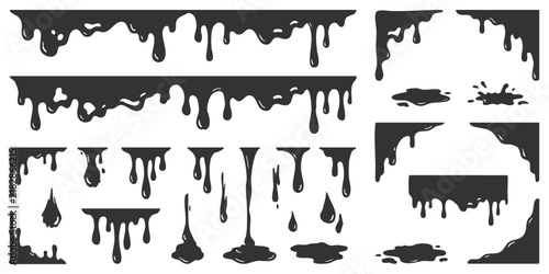 Obraz na plátně Set of black liquid drips and paint spills with flowing drops and melting edges