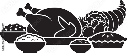 Thanksgiving Feast Table Silhouette Vector with Turkey and Traditional Food