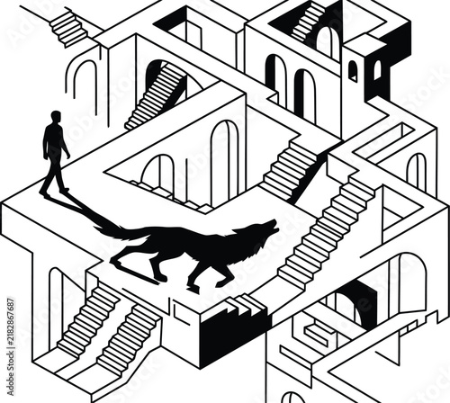 Silhouette of a man walking on stairs with a wolf shadow