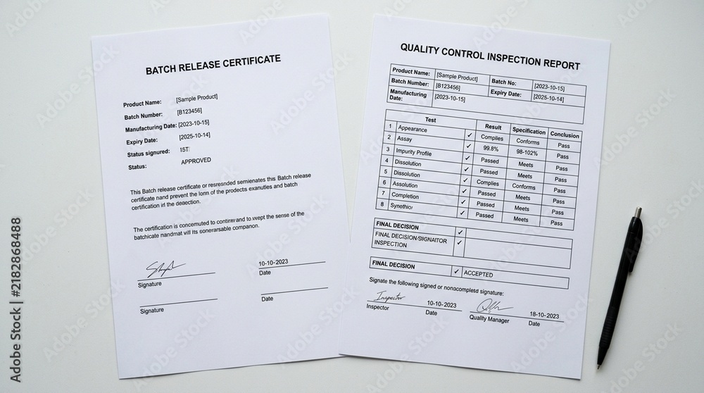Fototapeta premium Batch Release Certificate Resting beside a Completed Quality Control Inspection Report, Flat Lay