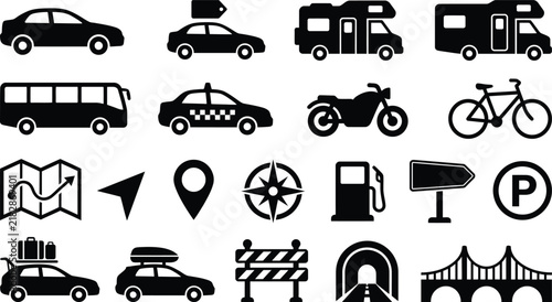 Set of black transportation and travel icons featuring vehicles navigation tools road signs and infrastructure elements