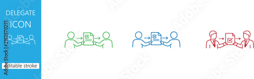 Delegate icon line style showing business responsibility transfer with editable stroke vector illustration.