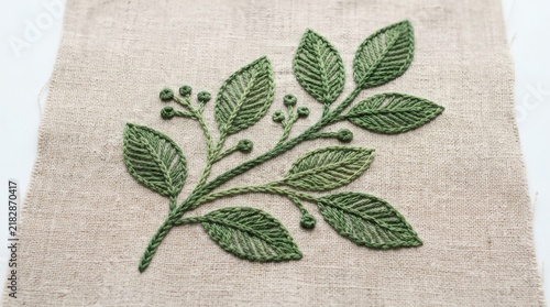 An intricate embroidery of a green branch with leaves and berries on a linen fabric. The detail in the stitching highlights the texture and natural beauty of the plant