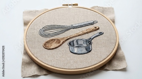 Embroidery hoop featuring a stitched depiction of a whisk, a wooden spoon, and a small saucepan on a textured fabric background. This artwork showcases various kitchen utensil elements.