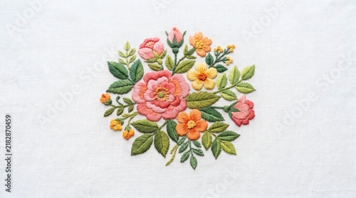 A delicate embroidered bouquet of flowers in various shades of pink, orange, and yellow, set against a clean background