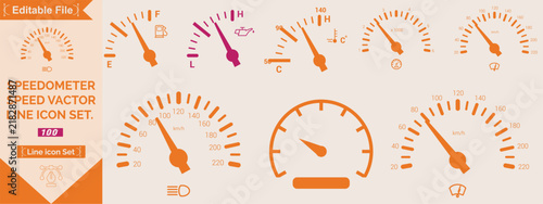 Speedometer Icon Set, speed indicator gauge dashboard tachometer scale, speedometer with arrow, editable stroke line vector illustration for vehicle, app, and dashboard design.