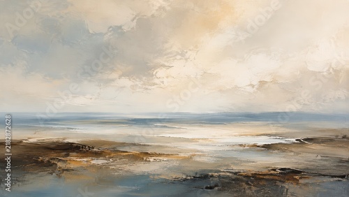 Serene abstract landscape painting featuring muted blues, browns, and whites.