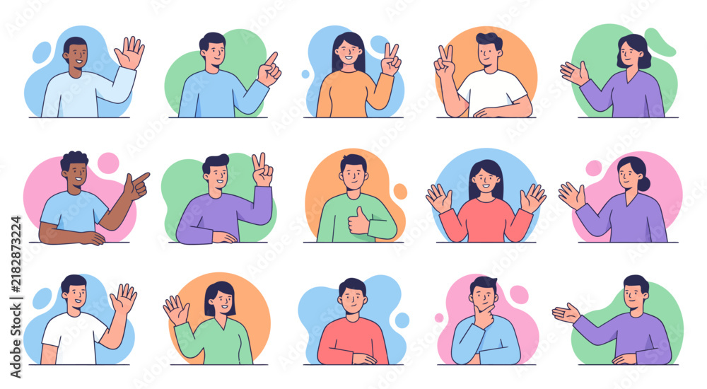 Fototapeta premium Set of diverse people holding various food and drink items in colorful flat vector illustrations
