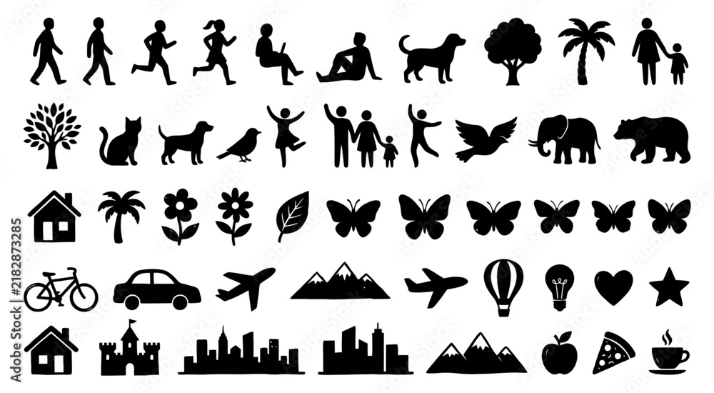 Fototapeta premium Set of black silhouette icons featuring people animals nature transportation buildings and various objects for graphic design