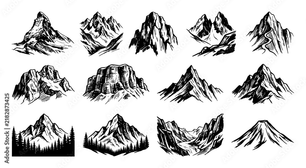 Fototapeta premium Set of hand drawn mountain sketches isolated on white background for outdoor adventure and travel design elements