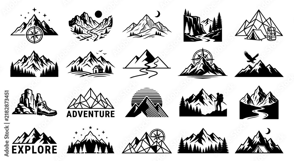 Fototapeta premium Set of black and white mountain adventure badges and outdoor exploration emblems for camping and hiking projects