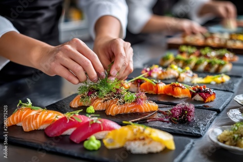 Chef Garnishing Sushi with Herbs on Slate Platters