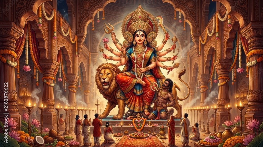 Obraz premium Devotees offering prayers to the majestic idol of Goddess Durga during Puja