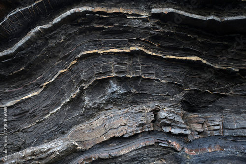 Obraz na płótnie Black Flysch with Thin-Bedded Turbidite Sandstone Layers Near Deba, Spain