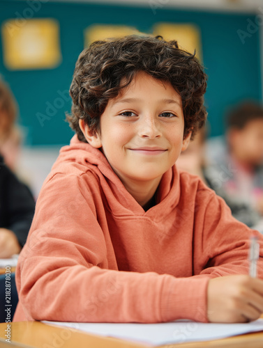 Happy young schoolboy with cute curly dark hair and freckles sitting at his desk in a classroom smiling at the camera during a lesson portrait view