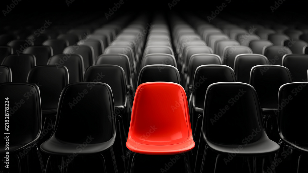Obraz premium A striking red modern chair stands out in the center row among numerous identical empty black chairs in a dark conference hall or auditorium symbolizing leadership and unique choice