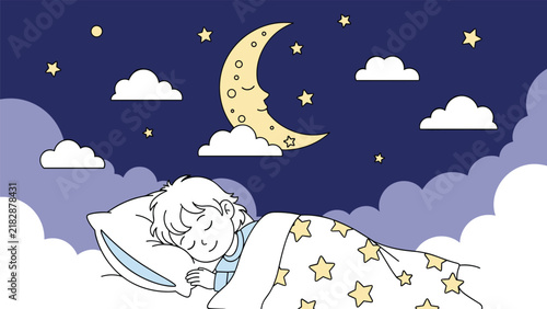 Little boy sleeping peacefully in his bed under a starry blanket with a smiling yellow crescent moon and stars in the night sky.