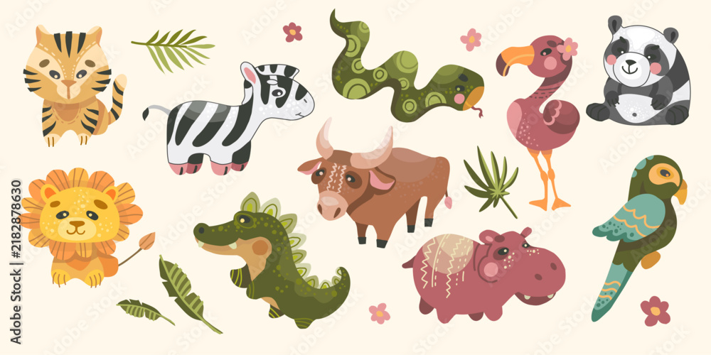 Obraz premium Large set of cartoon-style exotic tropical animal