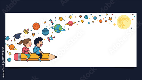 Cute cartoon kids flying through space on a giant pencil among planets, stars, and the moon on a white background banner.