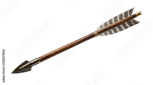 A detailed wooden arrow with natural feathers and a metal arrowhead isolated on a transparent background for digital design and game assets