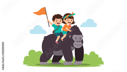 Two young children with a small orange flag enjoy riding on the back of a large friendly gorilla in a green field.
