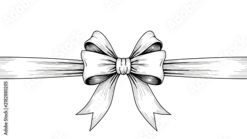 Finely detailed hand drawn bow ribbon stretching horizontally, ideal for vintage Christmas or wedding layouts.