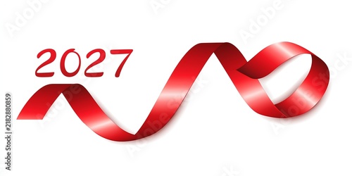 Glossy red ribbon curls to form new year 2027 on white