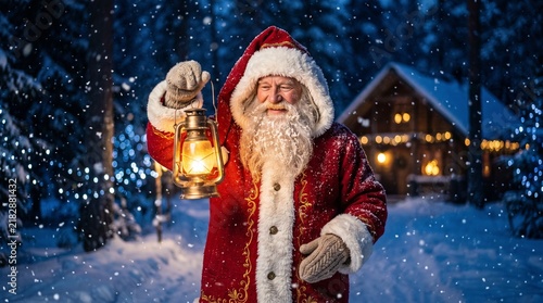 Santa Claus holding a glowing lantern in a snowy winter forest at night