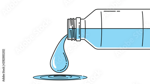 Clear plastic bottle pouring out a clean blue water droplet onto a ripple surface in flat vector line style.