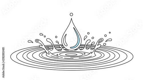 Clean line art illustration of a single blue water droplet splashing into circular ripples on a pristine white background.